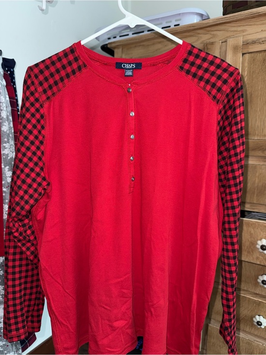Chaps Tops - Chaps Red Henley with Black-Red Plaid Raglan Sleeves